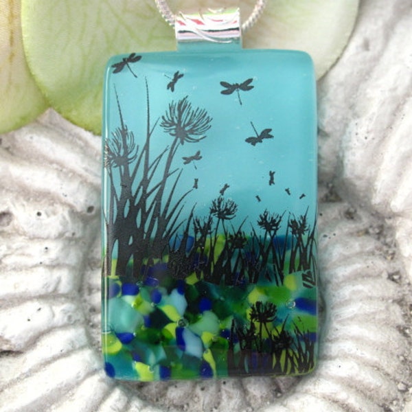 Dragonfly Garden Fused Glass Pendant and Necklace 062711p100