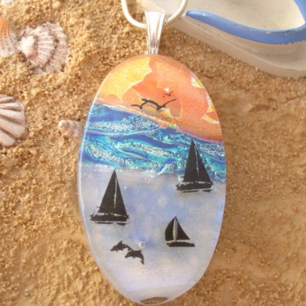 Sunset Sailing - Dichroic Fused Glass pendant - Fused Dichroic Glass Jewelry -  Necklace 022912p100