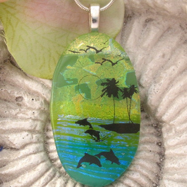 Exclusive Design - Fused Glass Pendant - Captiva Island - Dichroic Fused Glass Jewelry - Dichroic Necklace - Bird - Dolphin 031812p108