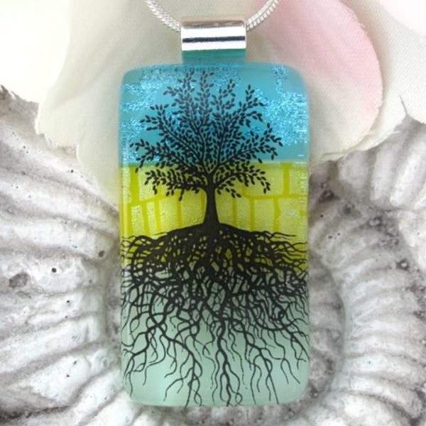 Sunshine Blue Skies Magical Tree of Life Fused Dichroic Glass Pendant Necklace 020311p102