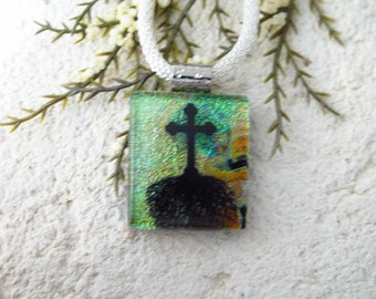 Petite Rooted Cross Necklace,  Cross With Roots,  Handmade Necklace, Religious Necklace, Fused Glass Dichroic Jewelry, ccvalenzo, 021323p100