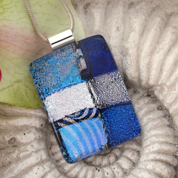 Dichroic Glass Pendant - Dichroic Fused Glass Jewelry - Cobalt Blue Silver -  Necklace  0307123p114