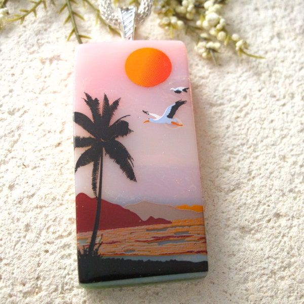 Palm Tree Jewelry - Palm Tree Necklace - Dichroic Fused Glass Jewelry - Dichroic Jewelry -Heron Necklace - Tropical Necklace - 101314p111