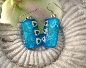 Aqua Handmade Dangle Drop Earrings, Dichroic Earrings, Dichroic Fused Glass Jewelry , Fused Dichroic Glass Earrings, ccvalenzo, 021223e100