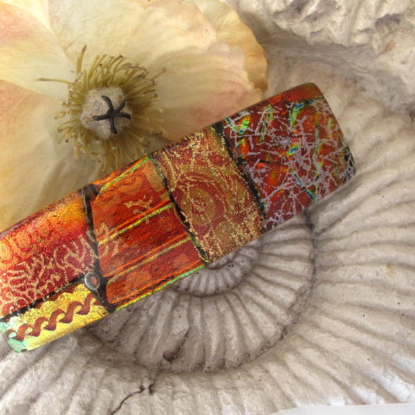 French Barrette, Copper Gold Red, Fused Dichroic Glass Barrette, Fused Glass 082911p103