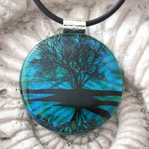 Dichroic Fused Glass Jewelry, Reflection TreePendant, Dichroic Glass, Fused Glass Jewelry,Nature, Tree of Life , Water, Sunset 092911p111