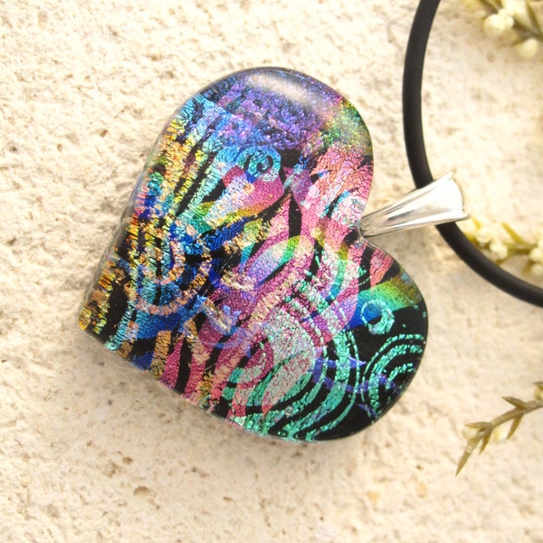 Color Burst Heart Necklace - Fused Glass Jewelry -Dichroic Jewelry - Necklace - Pendant - Glass Jewelry - Fused Glass Jewelry -  090414p107