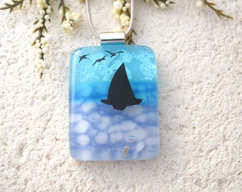 Handmade Sailboat Necklace, Fused Dichroic Glass Jewelry, Blue Sail Necklace, Water Seashore Necklace, Nautical Boat Necklace, 031423p100