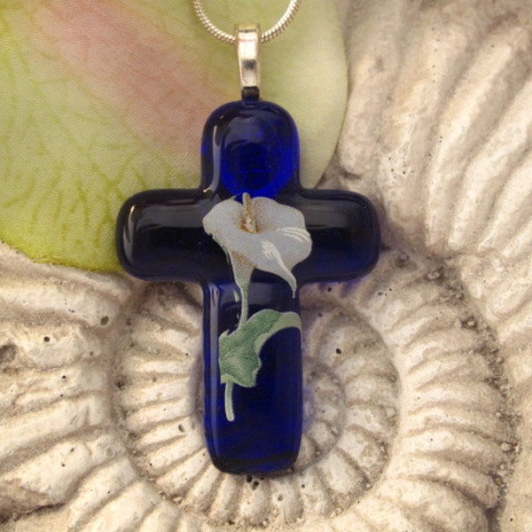 Calla Lily  - Cross -  Fused GlassJewelry - Fused Glass Pendant -  Crucifix - Pendant  - Necklace  111311p103