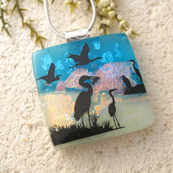 Heron Necklace - Dichroic Fused Glass Jewelry -  Dichroic Glass Pendant -  Necklace Crane  - Bird  Sanctuary - Dichroic Pendant - 051814p112