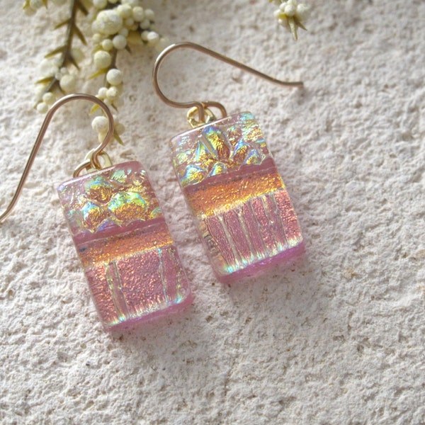 Peach Coral Copper Earrings - Dangle Earrings - Sunset Coral - Dichroic Glass Jewelry -  Dichroic Earrings 012314e107