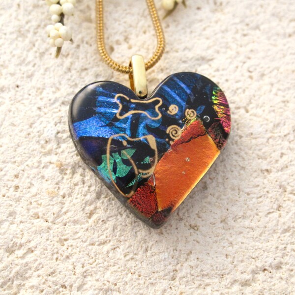 Puppy Love Heart - Dichroic Glass Necklace - Pendant - Dichroic Glass Jewelry -Fused Glass Jewelry-  Cobalt Blue Heart- Dog Heart 110414p104