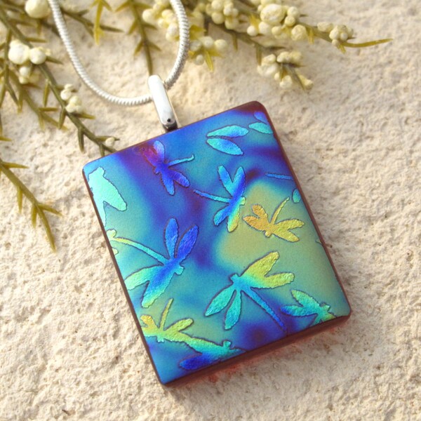 Satin Finish Dragonfly Necklace - Blue Green Red Pendant - Dichroic Fused Glass Jewelry - Fused Dichroic Glass Pendant & Necklace 100114p104