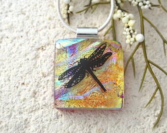 Small Dragonfly Handmade Necklace, Dichroic Necklace, Golden Rainbow Necklace, Fused Glass Necklace, Dichroic Jewelry, ccvalenzo 031423p0101