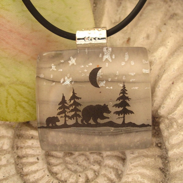 Bear Jewelry  - Dichroic Glass Pendant - Bear Necklace -  Monochromatic  -  Dichroic Fused Glass Jewelry - 101112p111