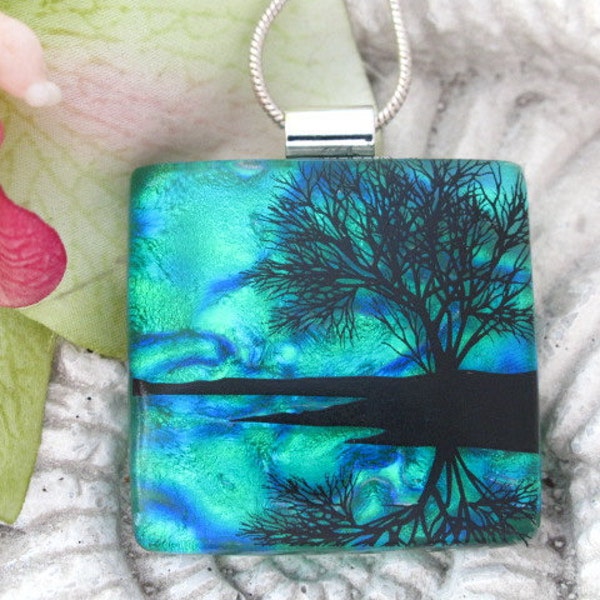 Dichroic Fused Glass Jewelry, Reflection TreePendant - Dichroic Glass - Fused Glass -  Water 031012p106