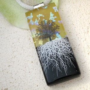 Handmade Tree of Life Necklace, Dichroic Fused Glass Pendant, Rooted Tree. Black & White Tree Jewelry, OOAK Pendant, CCvalenzo, 011923p101