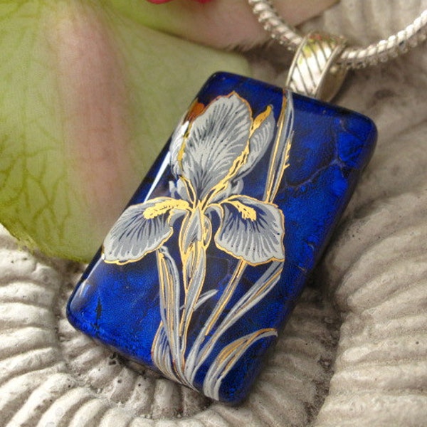 Fused Glass Jewelry, Iris Fused Dichroic Glass Pendant & Necklace, Cobalt Blue  100511p101