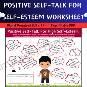 Positive Self-Talk For High Self-Esteem Printable Coping Skills CBT Worksheet Kids Self-Confidence Affirmations Therapy Therapist Counselor