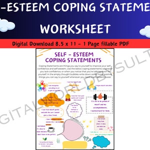 Self-Esteem Coping Statements Worksheet Kids Teens Mental Health Child CBT Positive Self-Talk Affirmations Coping Skills Quotes Mantra Gifts