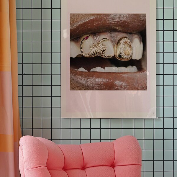 Girl Grillz Wall Art, Loft Wall Art, Bar Cart Wall Decor, Vintage Wall Art, Gold Grill Wall Art, Gallery Wall Home Decor,  Trendy Wall Art