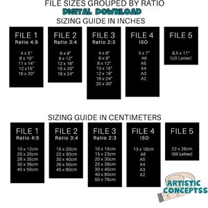 May include: A chart showing different file sizes grouped by ratio, with measurements in inches and centimeters. The chart includes file sizes for ratios 4:5, 3:4, 2:3, and ISO. The chart also includes standard paper sizes like A6, A5, A4, A3, and A2.
