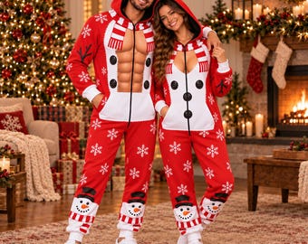 Funny Abs Christmas Jumpsuit, Xmas Costume for Men Women, Matching Couple Holiday Onesie, Santa Party Outfit, Festive Pajama Gift Set