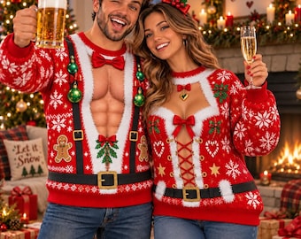 Pull de Noël moche pour couple, imprimé faux abdos, tenue de fête, cadeau rigolo, pull col rond unisexe