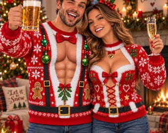 Pull de Noël moche pour couple, imprimé faux abdos, tenue de fête, cadeau rigolo, pull col rond unisexe