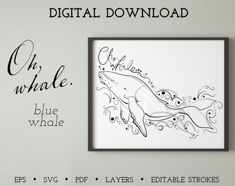 Blue whale | Oh, whale... SVG, EPS, PNG Digital download illustration | Sea drawing | Ocean | Waves | Water