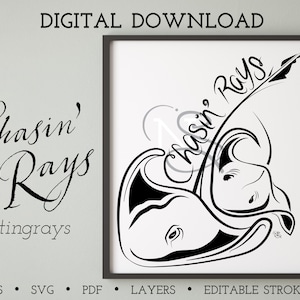 Two Stingrays Chasing Rays SVG, EPS, PNG Digital download illustration Manta ray Ray fish Ray of sunshine Sea drawing image 1