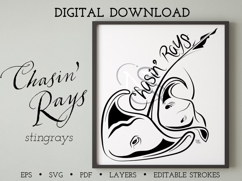 Two Stingrays Chasing Rays SVG, EPS, PNG Digital download illustration Manta ray Ray fish Ray of sunshine Sea drawing image 1