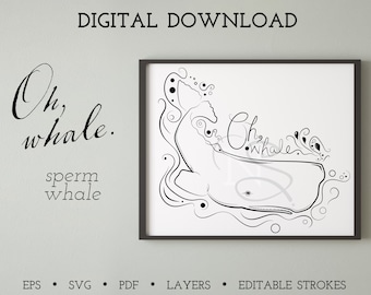 Sperm whale | Oh, whale... SVG, EPS, PNG Digital download illustration | Sea drawing | Ocean | Waves | Water