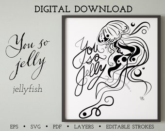 Jellyfish 3 | You so jelly. SVG, EPS, PNG Digital download illustration | Sea drawing | Ocean | Waves | Underwater | Floating