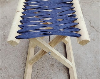 Solid Wood Woven Folding Stool Handcrafted Wooden Fabric Foldable Seat Foldable Stool with Solid Wood Frame