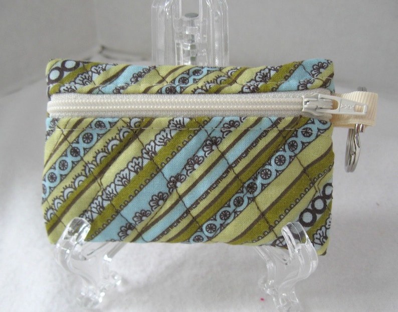 Ear Bud Holder Brown Celery Change Purse with Keychain Quilted Coin Purse Stripe Change Purse