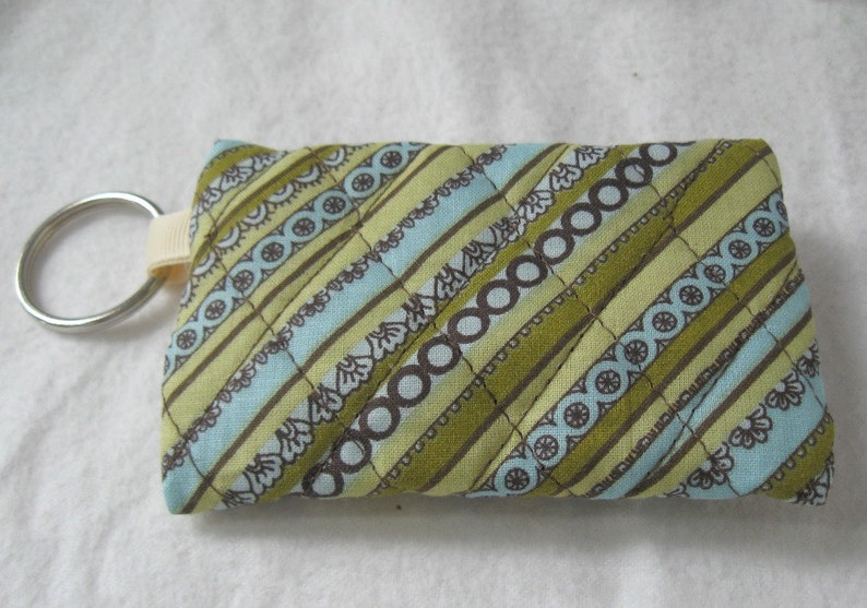 Ear Bud Holder Brown Celery Change Purse with Keychain Quilted Coin Purse Stripe Change Purse