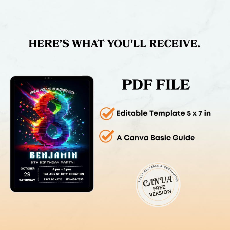 May include: A digital birthday invitation template featuring a large, glowing, multi-colored number eight on a black background. Text includes HERE'S WHAT YOU'LL RECEIVE, PDF FILE, Editable Template 5 x 7 in, A Canva Basic Guide, and CANVA FREE VERSION.