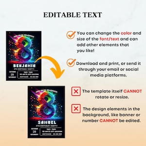 May include: An editable digital birthday invitation template featuring a large, colorful, block-style number eight on a black background. The design includes space for names, dates, and event details, with orange checkmarks and red X icons indicating editable and non-editable features.