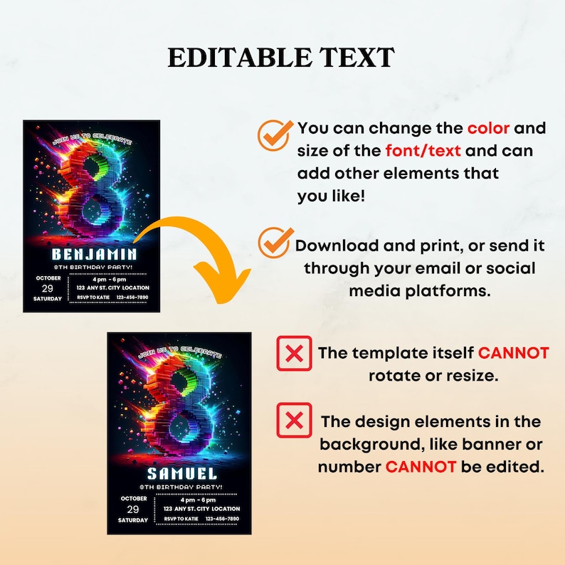 May include: An editable digital birthday invitation template featuring a large, colorful, block-style number eight on a black background. The design includes space for names, dates, and event details, with orange checkmarks and red X icons indicating editable and non-editable features.