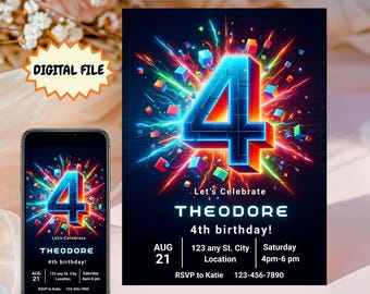 4th Birthday Building Blocks, Boy Party Invites, Four year old Birthday Invitation, Digital Download