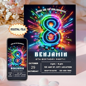 Op de afbeelding: Digitale verjaardagsuitnodiging met een neon nummer 8 en kleurrijk vuurwerk. De uitnodiging bevat de naam "Benjamin", feestdetails en de tekst "Join us to celebrate". Een smartphone toont de uitnodiging.