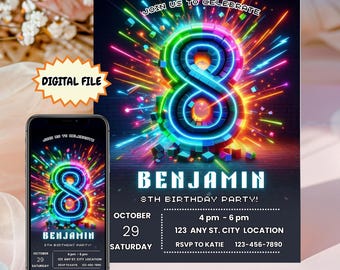 May include: Digital file birthday invitation featuring a neon number 8 with colorful fireworks. The invitation includes the name "Benjamin", party details, and the text "Join us to celebrate". A smartphone displays the invitation.