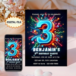 Puede incluir: Invitación digital para una fiesta de cumpleaños. El diseño presenta un gran número 3 brillante, el texto "Benjamin's 3rd Birthday Party!" y los detalles del evento. Un smartphone muestra el mismo diseño.