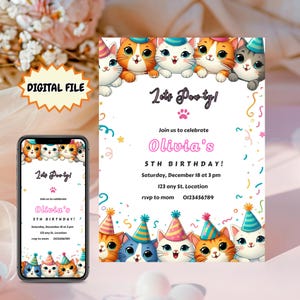 Cat Theme Birthday Invitation, Editable Cat Invitation, Kitty Cat Birthday Invitation, Paw-ty Birthday Invite, Editable Invitation Digital