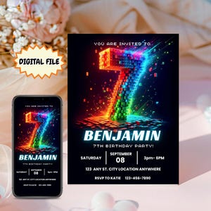 May include: Digital birthday party invitation featuring a colourful, pixelated number 7. The invitation includes the name "Benjamin" and party details. The invitation is also displayed on a smartphone screen.