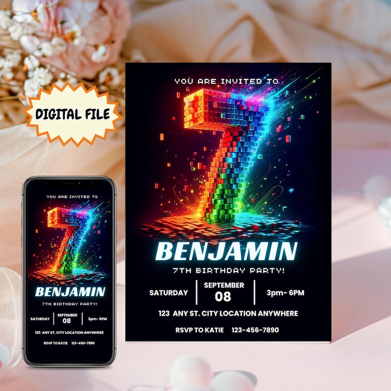 May include: A digital birthday invitation card featuring a large, glowing, pixelated number 7 in rainbow colors against a black background. The text reads: YOU ARE INVITED TO, BENJAMIN, 7TH BIRTHDAY PARTY, SATURDAY SEPTEMBER 08, 3pm- 6PM, 123 ANY ST. CITY LOCATION ANYWHERE, RSVP TO KATIE 123-456-7890.