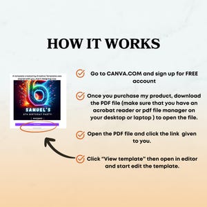 May include: A guide titled "HOW IT WORKS" detailing steps for using a template. It advises signing up for a free Canva account, downloading a PDF, and editing the template. The image also features a birthday party invitation template with the text "SAMUEL'S 6TH BIRTHDAY PARTY!"