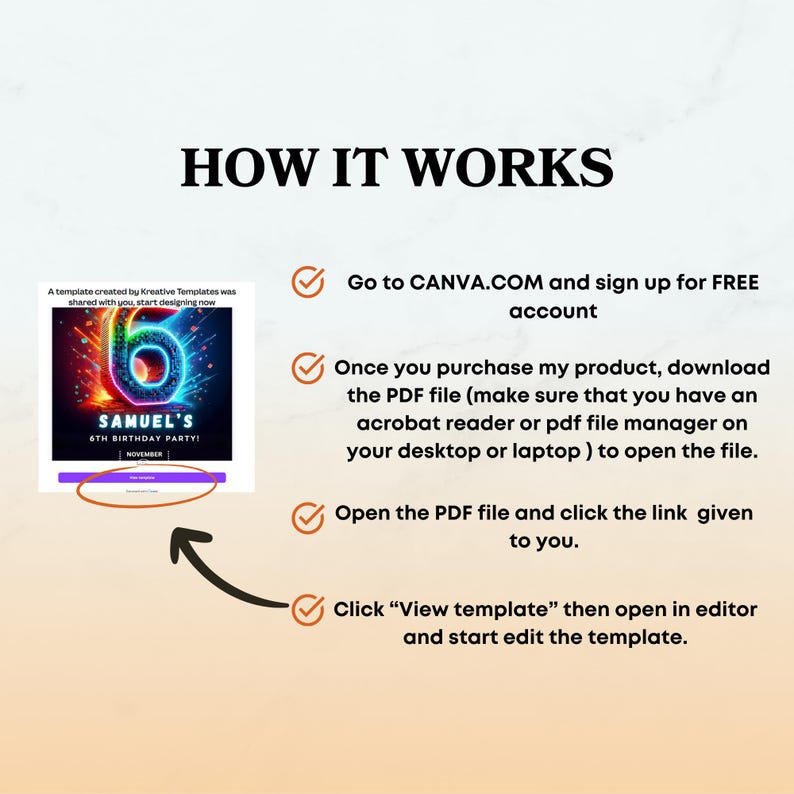 May include: A guide titled "HOW IT WORKS" detailing steps for using a template. It advises signing up for a free Canva account, downloading a PDF, and editing the template. The image also features a birthday party invitation template with the text "SAMUEL'S 6TH BIRTHDAY PARTY!"