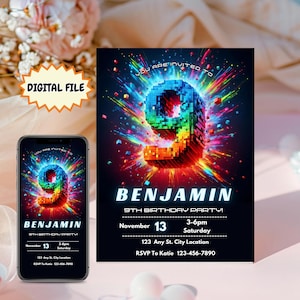 May include: A digital file birthday party invitation featuring a vibrant, pixelated number 9 in rainbow colors. The invitation includes the name "BENJAMIN", party details, and RSVP information. A smartphone displays the same design.